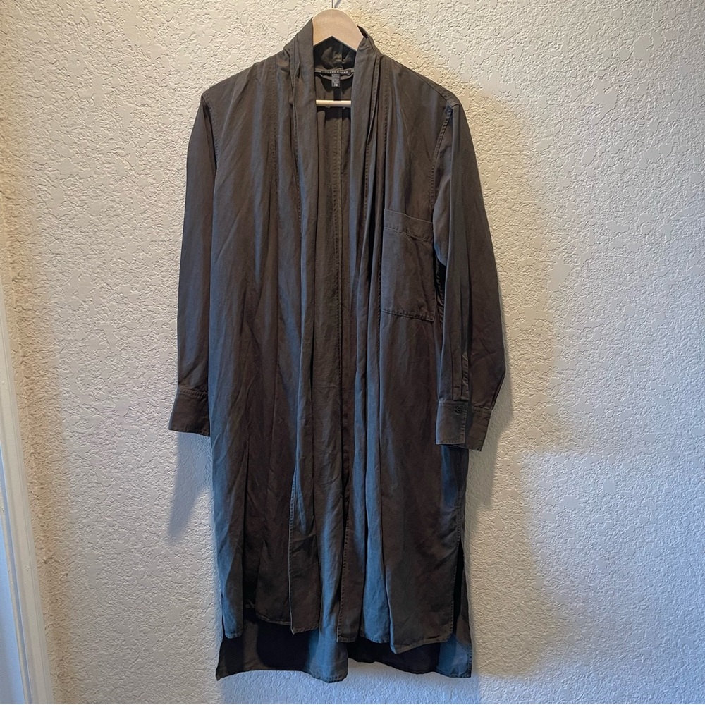 Eileen Fisher olive green tencil/linen blend long open front cardigan jacket S/M